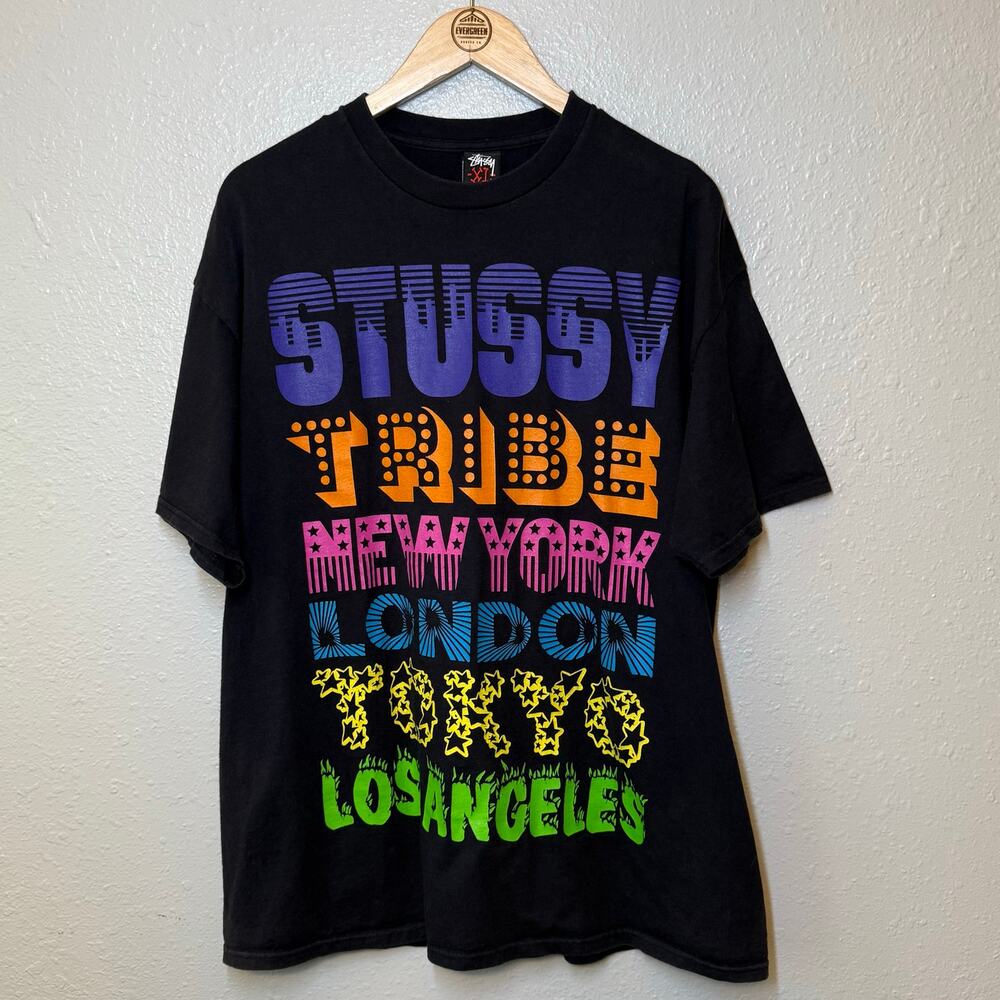 VTG Stussy Tee Shirt Tribe Tour New York Tokyo London LA Graphic Y2K Black XL - Picture 2 of 8